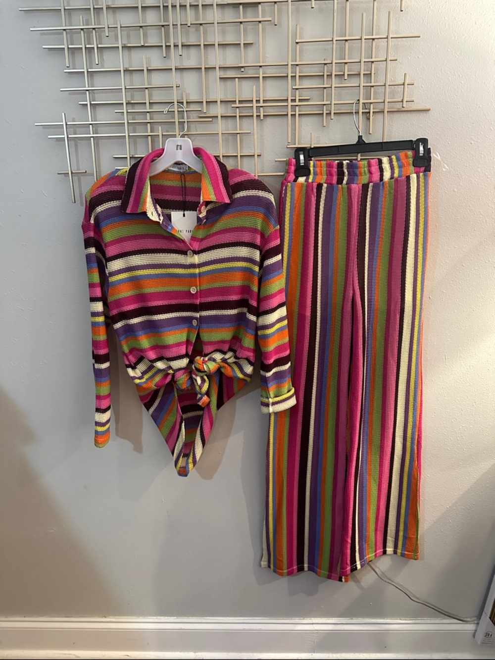 Colorful Striped Knit Top and Wide-Leg Pant Set - Multi